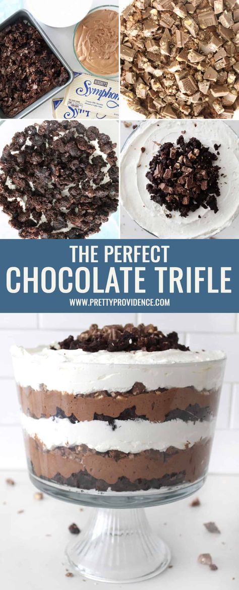 The Perfect Chocolate Trifle Gluten Free Chocolate Trifle, Mini Brownie Chocolate Mousse Trifles, Brownie Mousse Trifle, Chocolate Mousse Trifle Desserts, Chocolate Cake Trifle Desserts, Brownie Trifle Recipes, Chocolate Trifle Recipes, Gluten Free Trifle, Easy Trifle Desserts