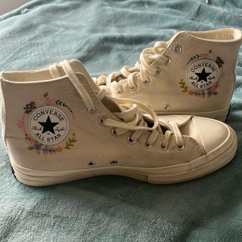 Brand-New, Never Worn, Size 11 Converse High Top, Color Beige, Floral Crochet Detail Converse Makeover, Decorated Converse, Embroidered Shoes Converse, Beige Converse, Personalized Converse, Autumn Core, Converse High Top, Converse Shop, Christmas Idea