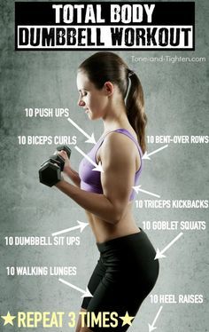 Total body workout with dumbbells! Pictures of each exercise at the linked page. From Tone-and-Tighten.com. Free Weight Workout, Workout With Dumbbells, Hand Weights, Total Body Workout, Dumbbell Workout, Strength Workout, Total Body, Weights Workout, Body Workout