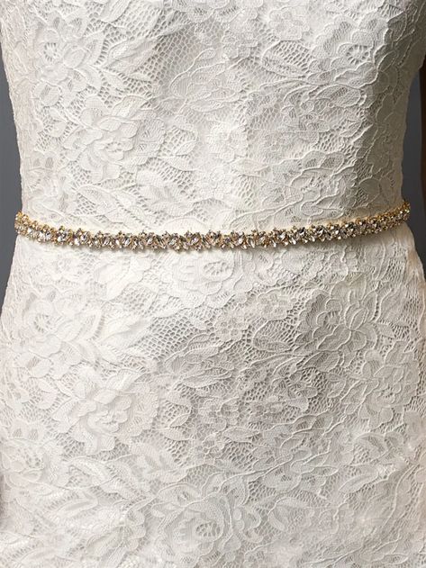 Slender Gold Belt with Austrian Crystals & Ivory Ribbon Belt For Wedding Dress, Wedding Dress Sash Belt, Rhinestone Wedding Dress, Tips For Brides, Pearl Wedding Dress, Gold Applique, Gold Wedding Inspiration, Bridal Sash Belt, Wedding Dress Sash