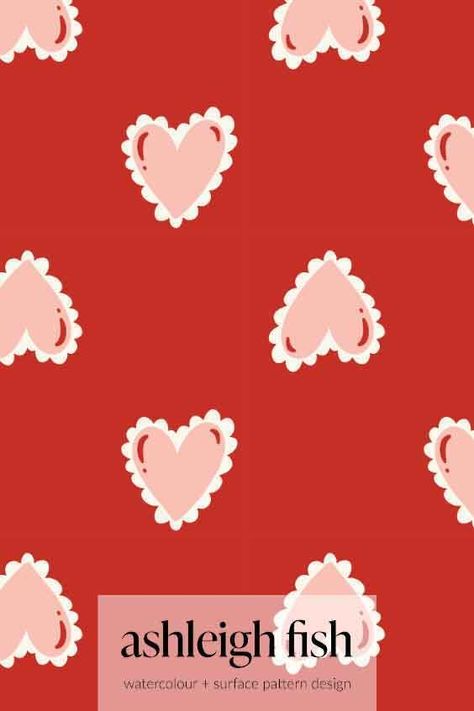 Coquette valentines hearts, illustrated by Ashleigh Fish - available for art licensing  Pink frilly hearts on red, a fun pattern for Valentines Valentine's Day Hearts, Valentines Day Designs Illustration, Valentines Pattern Design, Fun Prints And Patterns, Valentines Seamless Pattern, Coquette Design Graphic, Valentine’s Day Art, Hearts Graphic Design, Valentines Day Colors