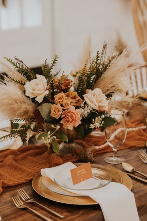 Boho Summer Wedding at The Rosemary Barn McKinney Texas Rust Wedding Centrepiece, Terracotta And Champagne Wedding Decor, Boho Rust Terracotta Wedding, Boho Summer Centerpieces, Boho Chic Summer Wedding, Boho Chic Table Centerpieces, Terra Cotta Boho Wedding, Elegant Fall Dinner Party Decor, Terracotta Boho Wedding Centerpieces