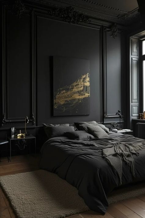 25 Bold Black Accent Wall Bedroom Ideas to Upgrade Your Space - Roomy Retreat Men’s Black Bedroom, Black Panelling Bedroom, One Black Wall Bedroom, Black Bedroom Accent Wall, Black Accent Wall Bedroom Ideas, Accent Wall Bedroom Ideas, Black Accent Wall Bedroom, Luxury Black Bedroom, Wall Bedroom Ideas