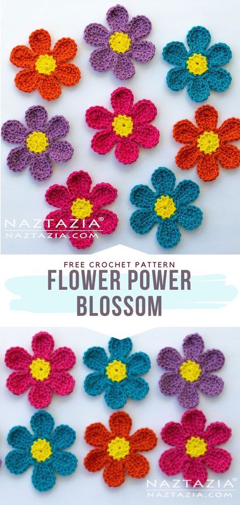 Crochet Flowers Cute Crochet Flowers Free Pattern, Crochet Flower Easy Step By Step, Crochet Groovy Flower, Crochet Flower Magnets, Flat Crochet Flowers Free Pattern, Crochet Patches Free Pattern, Free Crochet Flower Applique Pattern, Crochet 70s Flower, Flower Applique Patterns Crochet