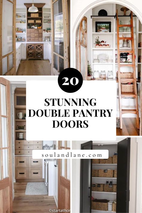 Give your kitchen a standout feature with unique double pantry doors. These doors not only serve as an entry to your pantry but also as a statement piece in your kitchen's design. Discover a variety of styles, from rustic barn doors to elegant French doors, that can add character and functionality to your space. Find out how to choose doors that complement your kitchen's decor while offering a glimpse into your organized pantry. With the right double pantry doors, your kitchen will gain an added Pantry Design Door, Pantry Double Doors, Wood Pantry Doors, Double Door Pantry, Farmhouse French Doors, Double Pantry Doors, Farm House Pantry, Double Pantry, Rustic Barn Doors