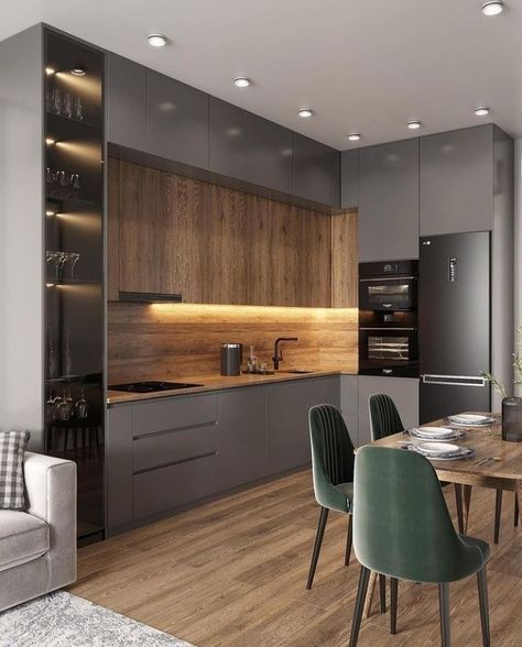 Gray Kitchen Color Schemes, Best Kitchen Ideas Interior Design, Kuhinje Ideas Inspiration, Grey And Wooden Kitchen, Kitchen Grey Wood, Dark Grey And Wood Kitchen, Grey And Wood Kitchen, Kitchen Ideas Grey, Spavace Sobe