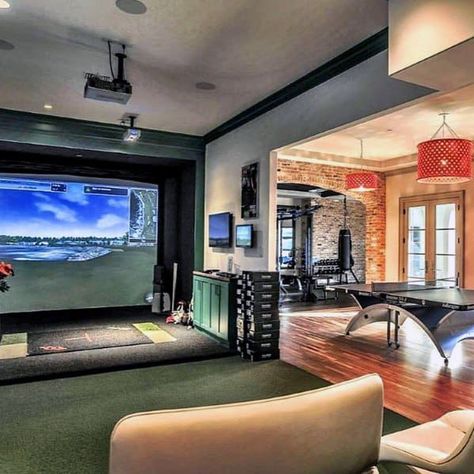 Man Cave Designs, Home Golf Simulator, Best Man Caves, Golf Simulator Room, Golf Room, Man Cave Design, Man Cave Furniture, Golf Simulator, Ultimate Man Cave