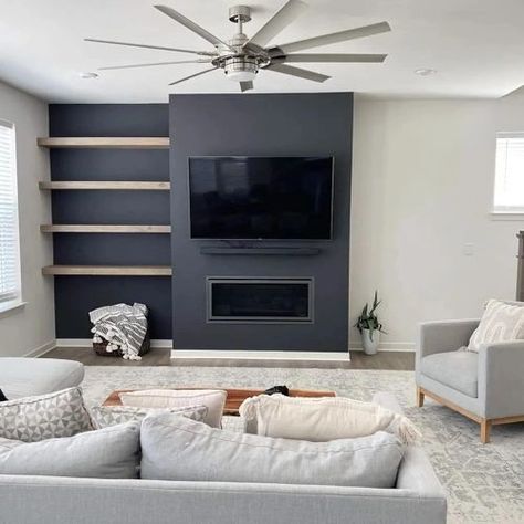 Dark Grey Tv Wall, Charcoal Built Ins, Built Ins Basement, Dark Tv Wall Living Room, Grey Tv Wall, Dark Tv Wall, Light Grey Couch, Tv Wall Living Room, Stone Fireplace Makeover