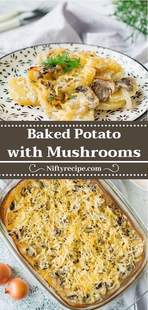 Easy, cozy, and absolutely delicious! This simple herbed mushroom potato bake will wow guests or serve as a hearty dish for your family dinners. Mushroom Potatoes Recipes, Potatoes And Mushrooms Recipes, Mushroom And Potato Recipes, Potatoe Mushroom Recipes, Potato And Mushroom Recipes, Mushroom Potato Recipe, Mushrooms Potatoes Recipes, Mushroom Baked Potato, Potato And Mushroom Bake