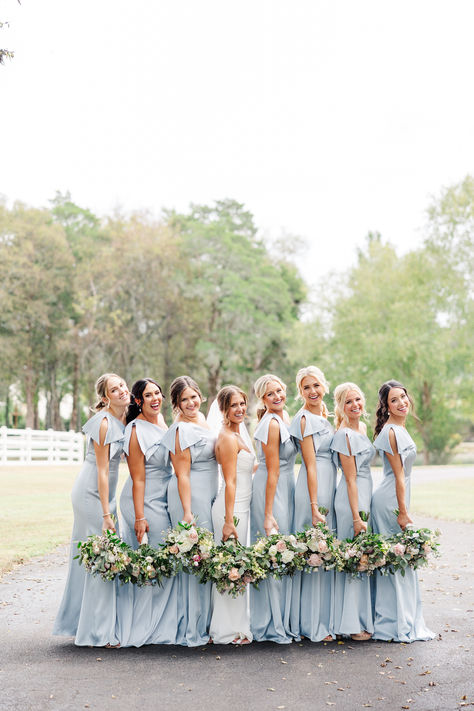 A blue vision ✨💙 Featuring Dorsey Satin Charmeuse bridesmaid dresses in Baby Blue. 
Photographer: @amandamayphotos Baby Blue Bridesmaid, Navy Blue Suit Wedding, Baby Blue Bridesmaid Dresses, Navy Blue Wedding Theme, Stylish Gowns, Light Blue Bridesmaid Dresses, Bridesmaid Dresses Gowns, Friday Wedding, Bridesmaid Dresses Under 100