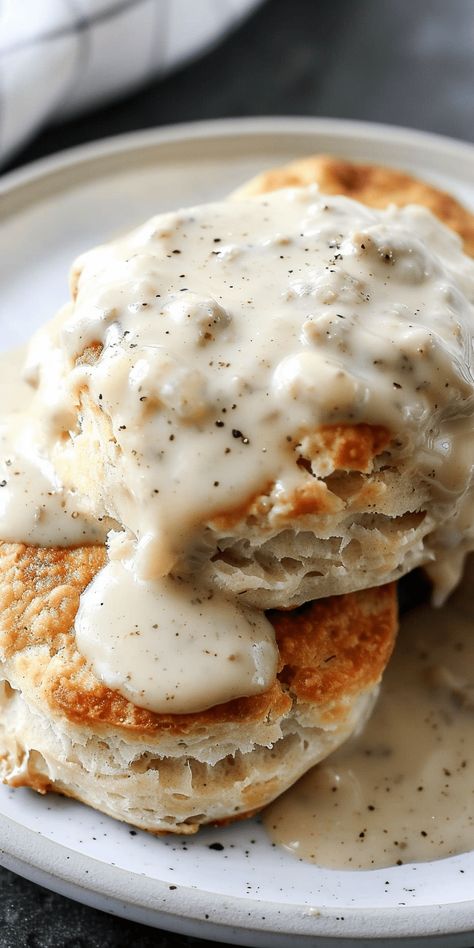 Southern-Style Biscuits & Sausage Gravy [40 Minutes] – Chasety Biscuits And Gravy Aesthetics, Biscuit And Sausage Gravy, Southern Breakfast Aesthetic, Buiscits And Gravy Sausage, What To Serve With Biscuits, Fluffy Homemade Biscuits, Southern Biscuits And Gravy, Breakfast Gravy, Biscuits And Gravy Recipe