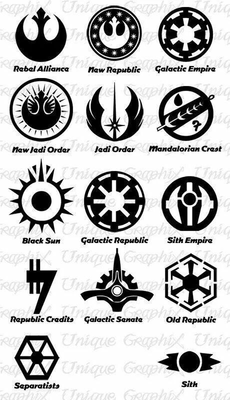 Star Wars logos. Dishonored Symbol, Star Wars Vinyl, Star Wars Symbols, Sith Empire, Star Wars Sith, Star Wars Design, Galactic Republic, Star Wars Tattoo, Pencak Silat