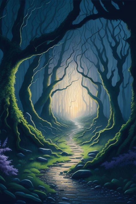 Glowing Tree Art, Mystical Painting Ideas, Creepy Forest Background, Paths Drawing, Forest Path Illustration, Fantasy Path, Fairy Forest Painting, Enchanted Forest Illustration, Forest Path Painting