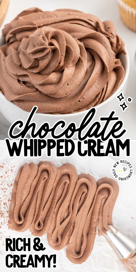 Chocolate Whipped Cream Whipped Chocolate Cream Cheese Frosting, Whip Icing Recipe, Cool Whip Icing Recipe, Stabilized Whip Cream, Cool Whip Icing, Whip Icing, Whipped Icing Recipes, Whipped Cream Recipes, Stabilized Whipped Cream Frosting