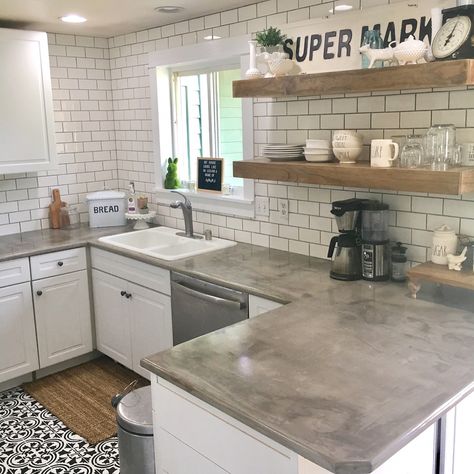 The Problem With Concrete Countertops That No One Talks About - Pros & Cons of Concrete Countertops Cheap Kitchen Countertops, Door Remodel, Trendy Farmhouse Kitchen, Kitchen Diy Ideas, Countertops Wood, Kabinet Dapur, Concrete Counter, Kitchen Makeovers, Concrete Kitchen