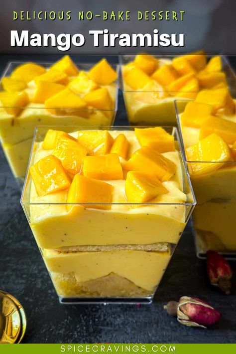 Light and creamy Mango Tiramisu combines fresh mango puree with sweet ladyfingers in an easy no-bake fusion dessert that's perfect for summer. #mango Mango Tiramisu, Mango Custard, Lady Finger Cookies, No Egg Desserts, Air Fryer Recipes Vegetarian, Mango Dessert, Mascarpone Cream, Mango Puree, Mango Juice