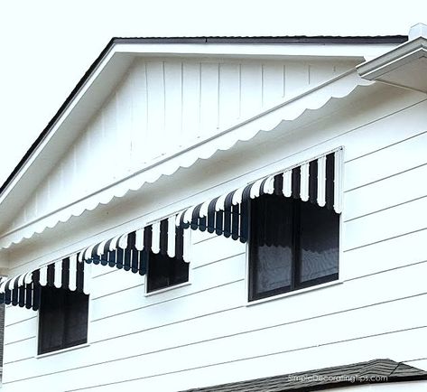 Vintage Awnings Metal, Striped Window Awnings, Painting Metal Awnings, Aluminum Awnings Exterior, Black And White Striped Awning, Diy Window Awnings Outdoor, Window Awnings Exterior, Awnings For Windows, White And Black House Exterior