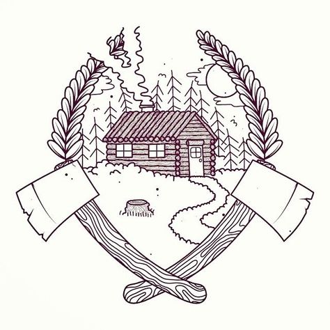 cabin tattoo | Tumblr Lumberjack Tattoo, Cabin Tattoo, Tumblr Inspiration, Classic Tattoo, Tattoo Flash Art, Tattoo Outline, Cabin In The Woods, Nature Tattoos, Flash Art