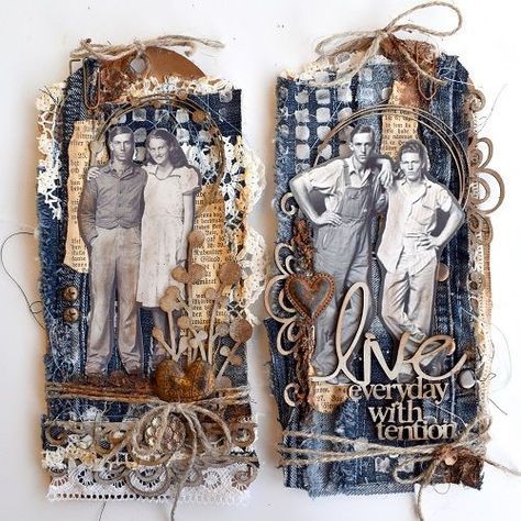 Collage Bookmarks, Denim Journal, Sewing Project Ideas, Timmy Time, Tim Holtz Tags, Mixed Media Crafts, Tag Ideas, Mixed Media Tags, Scrapbook Tag