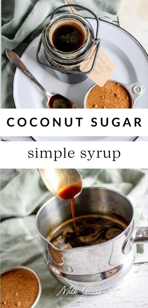 Coconut sugar transforms a basic simple syrup into a richly flavored sweetener perfect for adding to coffee drinks and more. Learn how to make your own coconut palm sugar simple syrup in just a few minutes! Coconut Sugar Simple Syrup, Coconut Simple Syrup, Sugar Free Simple Syrup Recipe, Coconut Sugar Recipes, Healthy Syrup, Vanilla Syrup For Coffee, Homemade Coffee Syrup, Chocolate Syrup Recipes, Simple Syrup Recipe