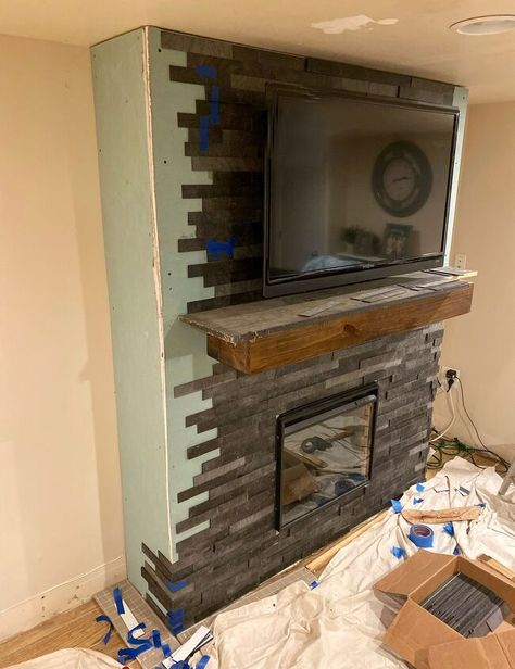 Electric Fireplace Diy, Build An Electric Fireplace, Electric Fireplace Tv Wall, Fireplace Tv Wall Ideas, Diy Fireplace Tv Wall, Diy Stone Wall, Electric Fireplace Surround, Diy Electric Fireplace, Diy Shiplap Fireplace