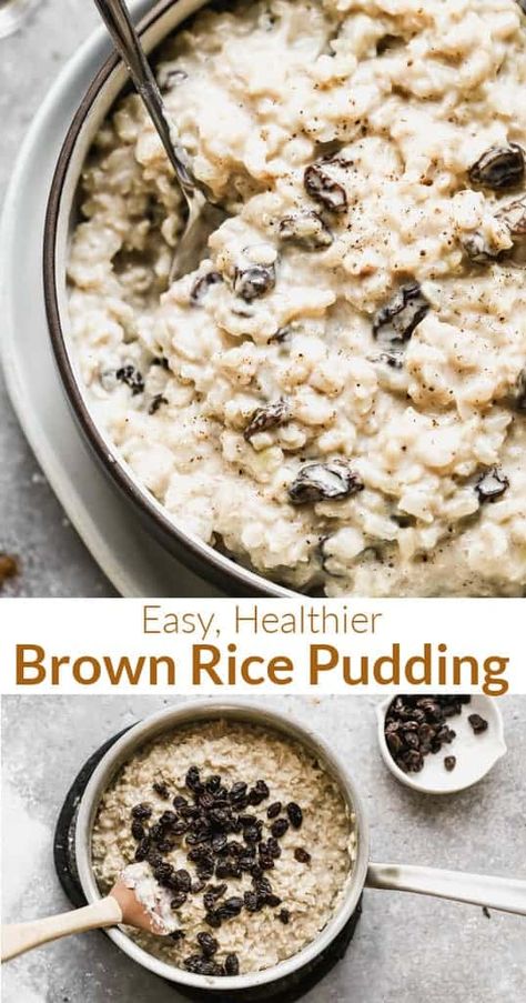 Creamy Brown Rice Pudding made with simple ingredients like brown rice, milk, sugar, cinnamon and raisins is a healthier spin on traditional rice pudding. via @betrfromscratch Crockpot Brown Rice, Rice And Raisins Recipe, Brown Rice Pudding Recipe, Crockpot Rice Pudding, Leftover Brown Rice, Easy Brown Rice, Homemade Rice Pudding, Brown Rice Pudding, Healthy Brown Rice