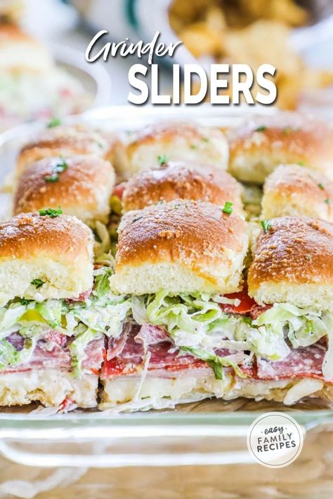 Italian Grinder Sliders, Grinder Sliders, Italian Grinder, Sliders Recipes Hawaiian Rolls, Slider Sandwiches, Hawaiian Rolls, Slider Recipes, Football Food, Quesadillas