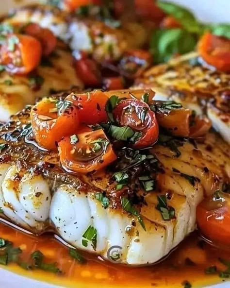 Jamie Oliver Recipes | Pan-Seared Mediterranean Cod in Tomato Basil Sauce 🐟🍅 | Facebook Pan Seared Cod, Mediterranean Cod, Seared Cod, Cod Fish Recipes, Martha Stewart Recipes, Tomato Basil Sauce, Ina Garten Recipes, Jamie Oliver Recipes, Basil Sauce