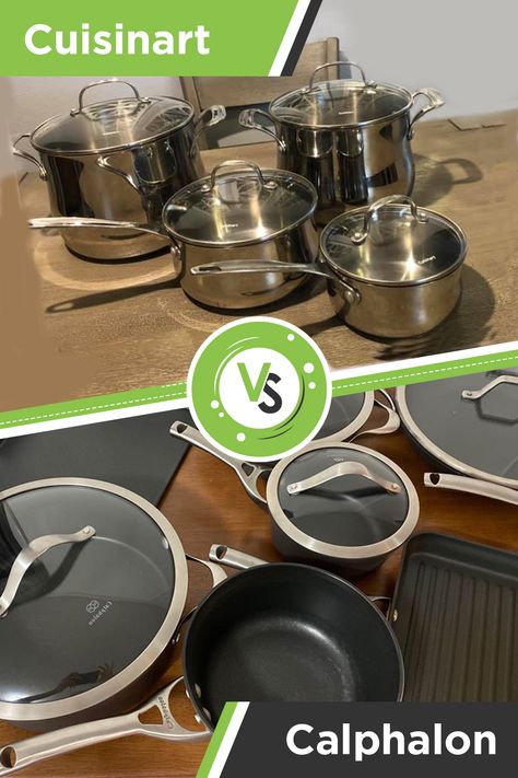 Shopping for new cookware is fun! Take our helping hand with this buyer's guide and FAQs on everything nonstick to stainless steel Cuisinart VS Calphalon. #Cuisinart_VS_Calphalon_Cookware #Calphalon_vs_Cuisinart_Cookware #Difference_between_Calphalon_and_Cuisinart_Cookware #Cuisinart_and_Calphalon_Cookware #Calphalon_and_Cuisinart_Cookware #Calphalon_Cookware_reviews #Cuisinart_Cookware_reviews #Betterfood_co Healthiest Meals, Calphalon Cookware, Healthy Cookware, Best Cookware, Stainless Steel Cookware, Which Is Better, Cookware Sets, Helping Hand, Group Meals