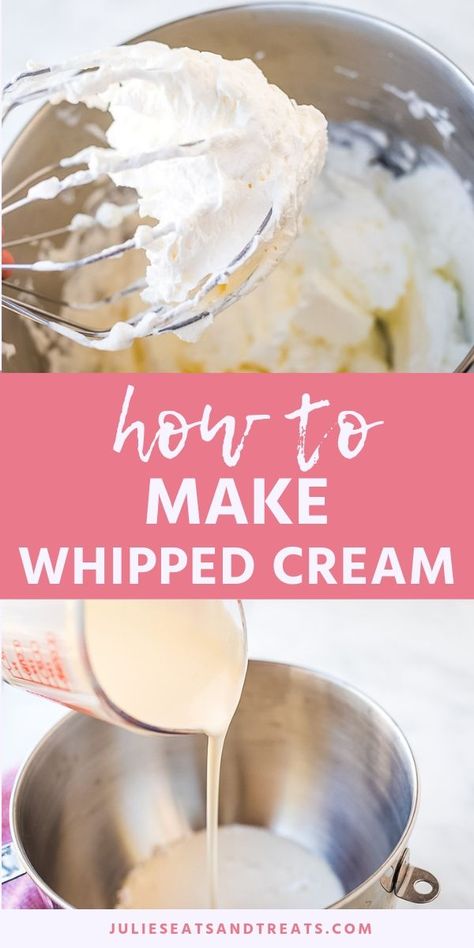 Learn how to make homemade whipped cream with only three ingredients! This fresh sweetened whipped cream is the perfect light and billowy texture and is perfect for topping all of your desserts! Once you try this you will never go back to the store-bought version! #whipped #cream Whipped Double Cream, Creamy Key Lime Pie, Homemade Cool Whip, Chocolate Whipped Cream Frosting, Make Whipped Cream, Perfect Whipped Cream, Homemade Whipped Cream Recipe, Cheese Spreads, Whipped Cream Recipe