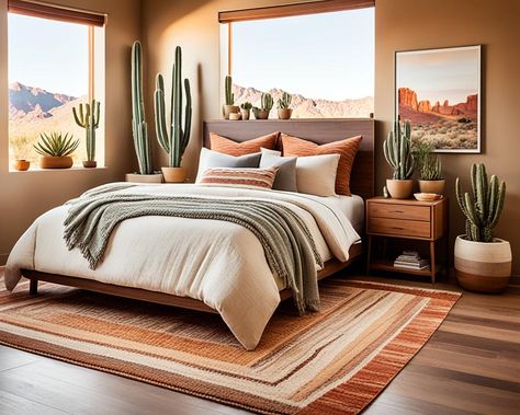 cozy and inviting oasis Arizona Room Ideas Interior Design, Modern Southwest Bedroom Ideas, Desert Decor Bedroom, Desert Style Bedroom, Desert Bedroom Aesthetic, Desert Bedroom Decor, Arizona Room Ideas, Desert Chic Bedroom, Desert Inspired Bedroom