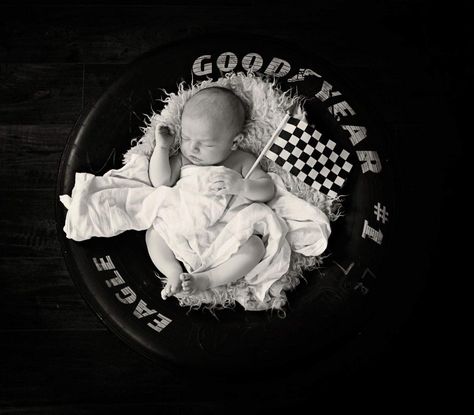 Nascar Newborn Photos, Newborn Photography Motorcycle, Newborn Race Car Photography, Car Theme Newborn Photography, Racing Newborn Pictures, Newborn Car Photoshoot, Race Car Newborn Pictures, Newborn Racing Photography, Mechanic Baby Announcement