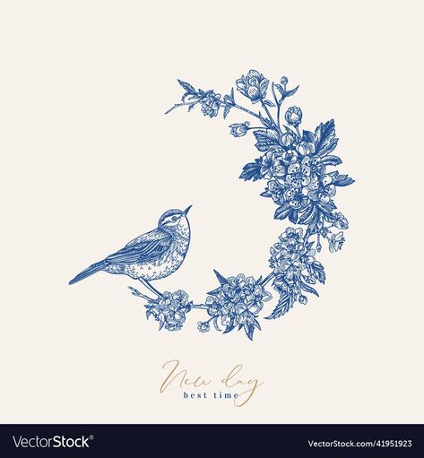 Wedding Flower Wreath, Blue Bird Drawing, Birds Vector, Bird Vector, Blue Bird Art, Wreath Illustration, Bird And Flower, Blue Florals, Birds And Flowers