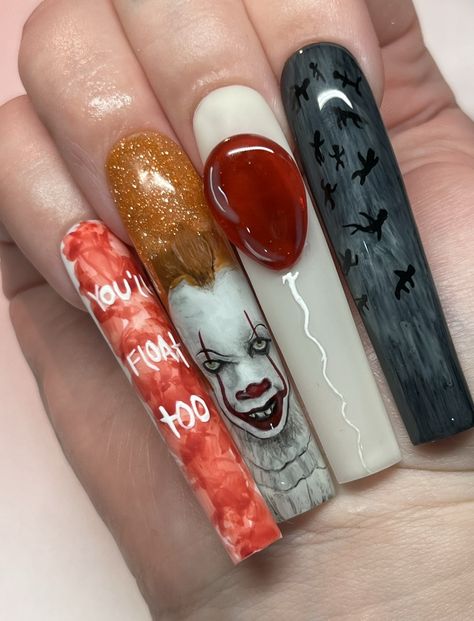 Pennywise youll float too halloween nails 🤡🩸🎈 It Nails Stephen King, Penny Wise Nails, Pennywise Nail Art, Gelish Halloween, Pennywise Nails, It Nails, Nail Art Machine, Disney Acrylic Nails, Spooky Nails