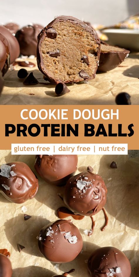 These vegan cookie dough protein balls are made with pea protein and sunflower seed butter, then dipped in dark chocolate. This healthy protein ball recipe is nut free, grain free (no oats) and paleo friendly. #proteinballs #cookiedough #proteinbites #veganrecipes #nobake Paleo Protein Balls, Cookie Dough Protein Balls, Low Carb Cookie, Low Carb Cookie Dough, Chocolate Protein Balls, Cookie Dough Protein, Protein Balls Healthy, High Protein Cookies, Sunflower Seed Butter