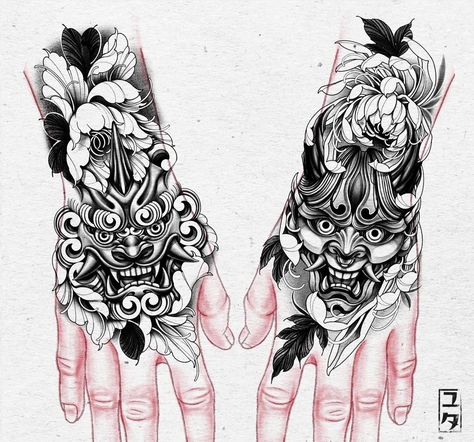 Dragon Oni Tattoo, Japanese Style Hand Tattoo, Japanese Hand Tattoos For Men, Geisha Hand Tattoo, Japanese Tattoo Hand, Oni Mask Hand Tattoo, Japanese Hand Tattoo, Oni Tattoo Design, Hand Palm Tattoos