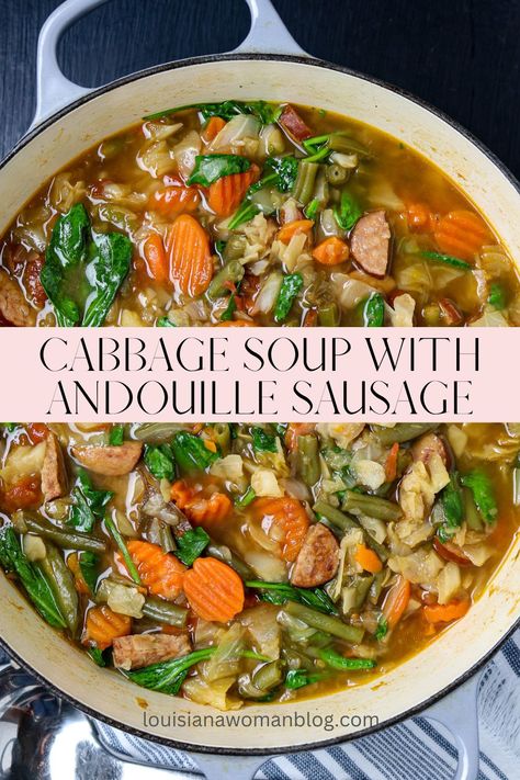 Cajun Cabbage Soup, Andouille Soup Recipes, Cajun Vegetable Soup, Cabbage Soup Sausage, Sausage Stars, Pizza Soup Recipe, Classic Cajun Recipes, Andouille Sausage Recipes, Etouffee Recipe