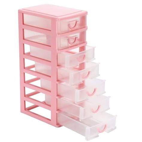 Rempry Mini Plastic Organizer with 7 Clear Drawers, 7.1"x5.1"x13.2" Small Storage Drawers Containers for Desk, Counters, Cabinets, Pink Small Work Desk, Goth Apartment, Crafting Area, Clear Drawers, Organization Supplies, Pink Office Supplies, Organized Desk, Kawaii Decor, Desk Vanity