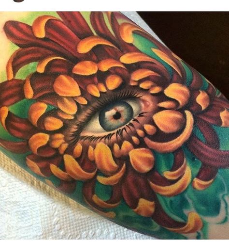 Eye/Chrysanthemum Flower With Eye Tattoo, Flower With Eye, Eye Tattoo Design, Eyeball Tattoo, Best Cover Up Tattoos, Chrysanthemum Tattoo, Explore Tattoo, Tattoo Now, Female Tattoo Artists