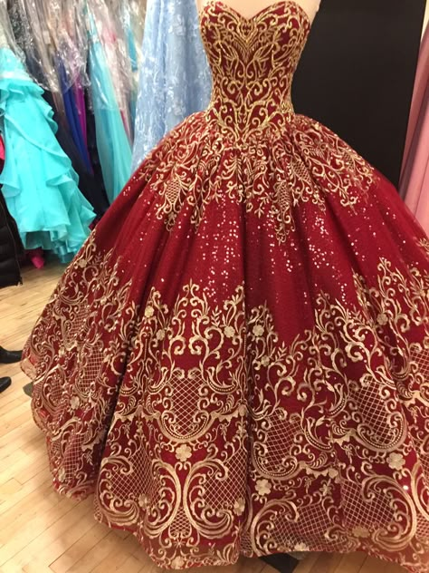 Red and gold quince dress Red And Gold Quince Dress, Red And Gold Quinceanera Dresses, Red And Gold Prom Dress, Red Quince Dress, Gold Quince Dress, Red And Gold Quince, Red And Gold Dress, Red Ball Gowns, Quinceanera Dresses Gold