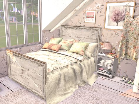 Sims 4 Cc Cottagecore Bedroom, Sims 4 Shabby Chic, Living Room Sims 4, Sims 4 Cc Furniture Living Rooms, Sims 4 Cottage, Sims 4 Beds, Cottagecore Bedroom, Vintage Kids Room, Fairy Bedroom