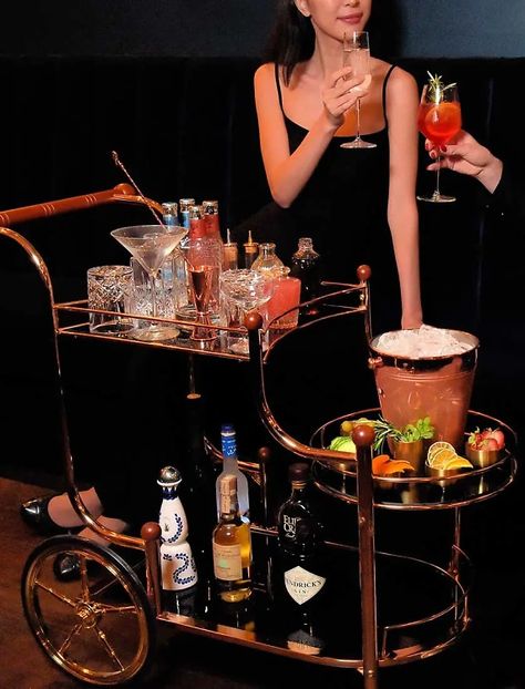 Bar Carts & Silver Platters: The Most Lavish Cocktail Orders In NYC Self Service Bar, Silver Bar Cart, Cocktail Trolley, Cocktails Cart, Drinks Photography, Silver Platters, Drinks Trolley, Vip Room, Bar Carts