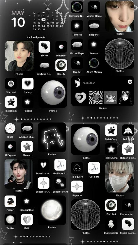 Ateez Themed Phone, Kpop Homescreen Layout Dark, Ateez Black And White Wallpaper, Yunho Dark Aesthetic, Phone Setup Ideas Aesthetic, Ateez Dark Wallpaper, Ateez Widget Icons, Black And White Kpop Wallpapers, Ateez Homescreen Layout