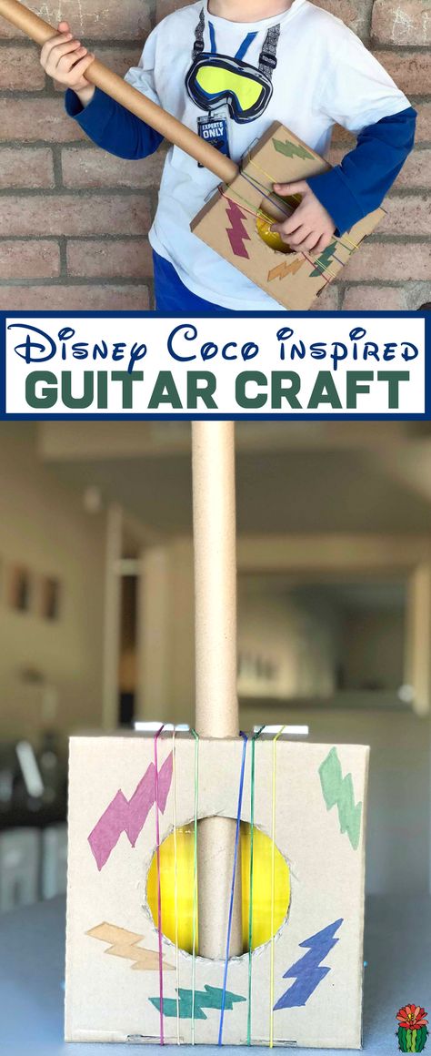 This Disney Coco Craft is perfectly themed, a DIY cardboard guitar! Miguel loves playing guitar so don't miss how to make a cardboard guitar for your little musician at home. Cardboard Challenge, Guitar Craft, Cardboard Guitar, Disney Crafts For Kids, Crafts 2024, Guitar Crafts, Weekly Themes, Disney Activities, Movie Crafts