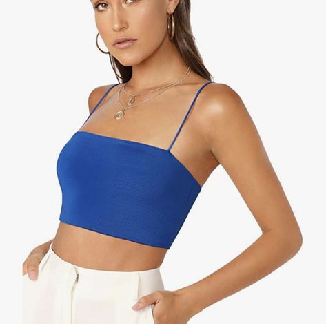 Royal Blue Crop Top Outfit, Blue Crop Top Outfit, Royal Blue Crop Top, Plain Spaghetti, Top Azul, Blue Crop Top, Amazon Essentials, Summer Crop Tops, Blue Crop Tops