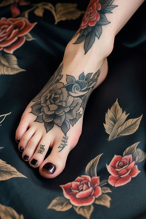 #roses #tattoo #feet #footfetish #foot #color Tattoo Mixed Styles, Inner Foot Tattoo, Tattoo Feet Women, Feet Tattoos For Women Beautiful, Feet Tattoos For Women, Heel Tattoo, Toe Tattoo, Heel Tattoos, Traditional Tattoo Woman