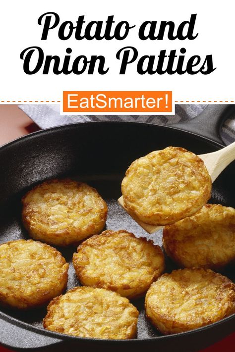 Vegetarisch für Genießer: Potato and Onion Patties - quick recipe - simple dish - So healthy is the recipe: 6.8/10 | A recipe idea by EAT SMARTER | Latke, Potato Pancake, Vegetable, Root Vegetable, Onion, Potato, Side Dish, veggie burger, Fritter #potato #recipes Potato Burger Patty, Onion Patties Recipe, Yam Patties Recipes Frozen, Amish Onion Patties Recipe, Quick Potato Recipes, Onion Patties, Potato Patty, Aebleskiver Recipe, Potato Fritters Recipe