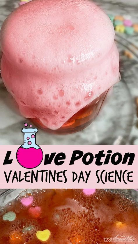 Valentine's Day is right around the corner and that means we get to fill our homes with hearts, our days with playful valentines day activities like this simple and FUN Valentines Day science making a love potion. This fun valentines day science experiment is a simple baking soda and vinegar reaction with a little fun added to make it a magical  valentines day activity kids will enjoy learning and playing in February. This activity for valentines day is perfect for toddler, preschool, pre-k, kin Valentines Day Science, Valentine Science Experiments, Potions For Kids, Valentines Day Activity, Preschool Valentines Activities, Science Valentines, Science For Toddlers, Baking Soda And Vinegar, Valentine Art Projects