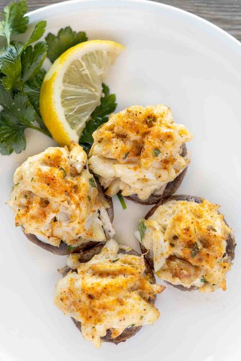 One bite of my Crab Stuffed Mushrooms, stuffed with rich and delicious crab imperial and you'll agree that these delicious bites of heaven are definitely Crab Stuffed Mushrooms No Cream Cheese, Stuffed Crab Recipe, Shrimp And Mushrooms, Seafood Stuffed Mushrooms, Stuffed Crab, Stuffed Lobster, Shrimp Stuffed Mushrooms, Crab Imperial, Mushrooms Stuffed