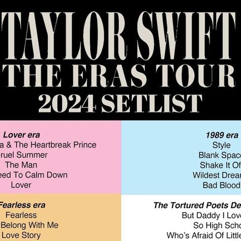 Taylor Swift Updates on Instagram: "The updated 2024 Eras Tour Setlist!

 #ParisTSTheErasTour #TSTheErasTour" Ttpd Taylor Swift Eras Tour, Eras Tour Set List 2024, Eras Tour Set List, Eras Tour Setlist Updated, Eras Tour Setlist, Taylor Swift Ttpd Eras Tour, Eras Tour Tolerate It, Eras Tour Movie Disney Plus, Eras Tour Documentary